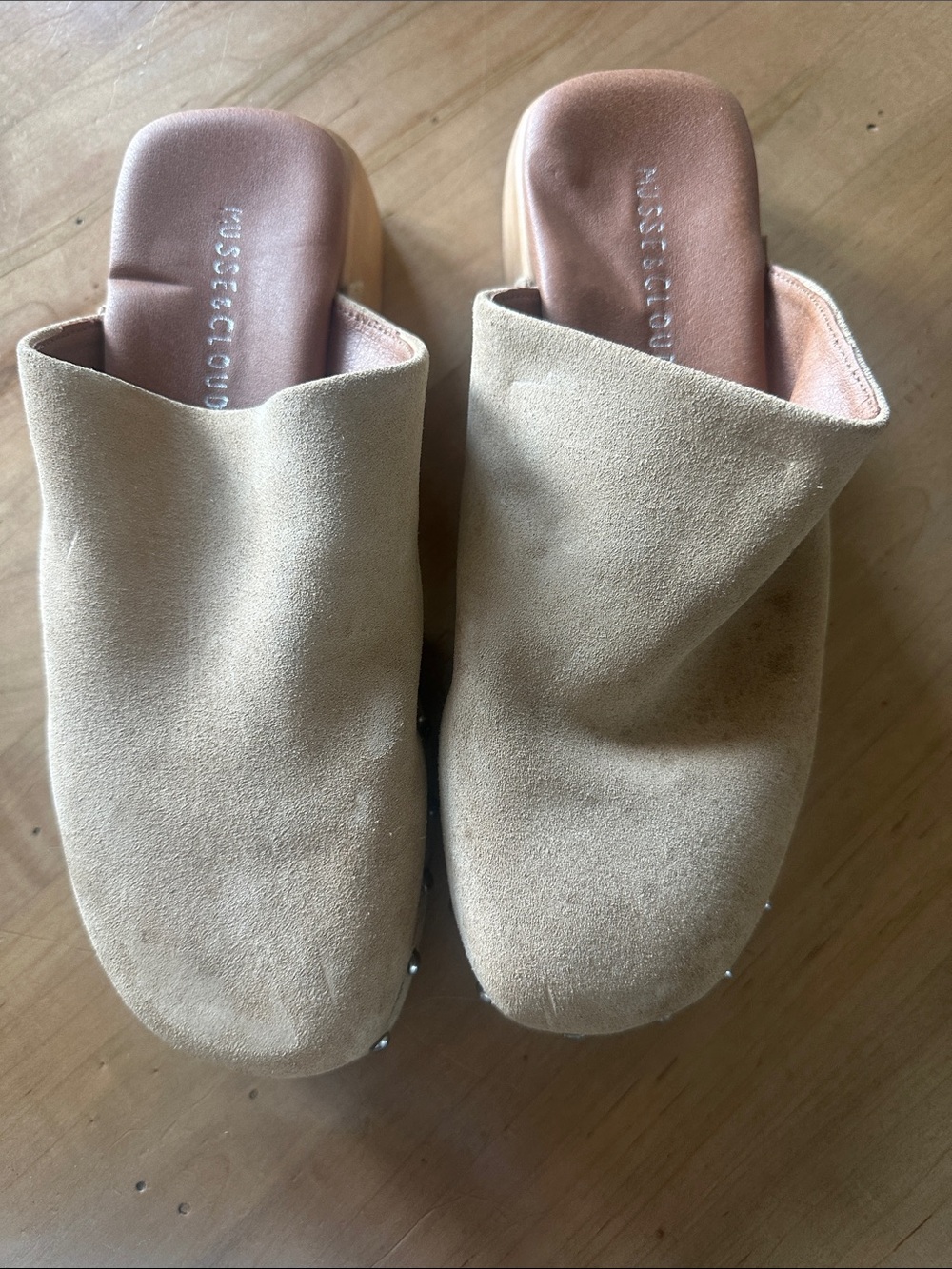 Musse & Cloud Beige Suede Studded Platform Mules